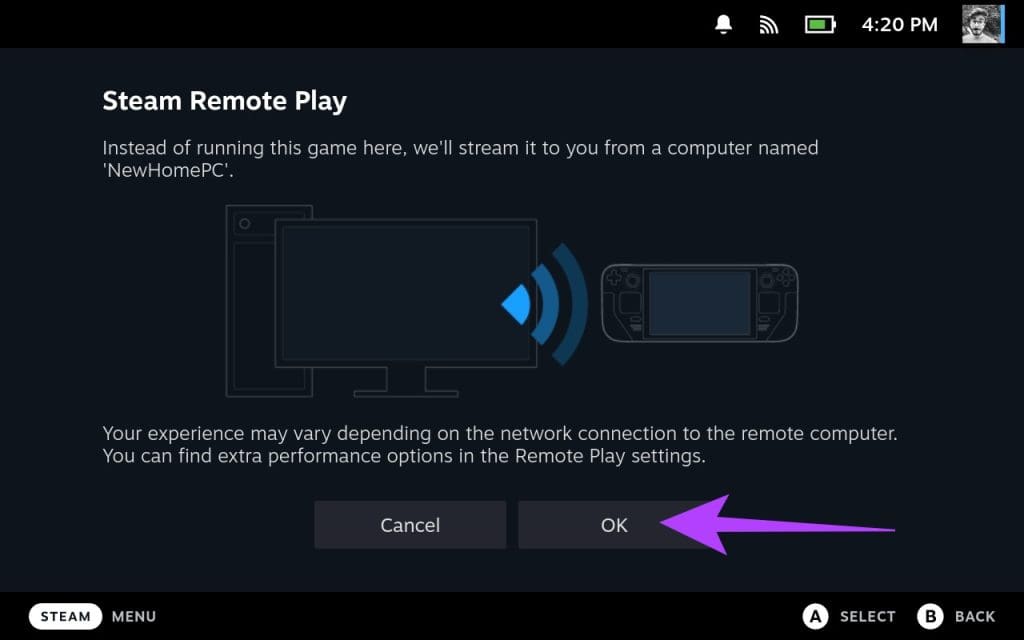Simply-tap-on-OK-to-proceed-1024x640-1 اللعب عن بعد في Steam Deck: قم ببث الكمبيوتر الشخصي أو PS5 إلى Steam Deck