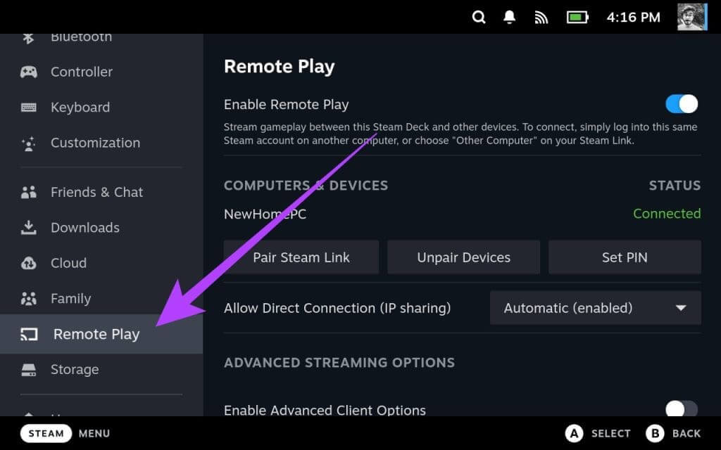 Switch-to-the-Remote-Play-settings-from-the-left-sidebar-1024x640-1 اللعب عن بعد في Steam Deck: قم ببث الكمبيوتر الشخصي أو PS5 إلى Steam Deck