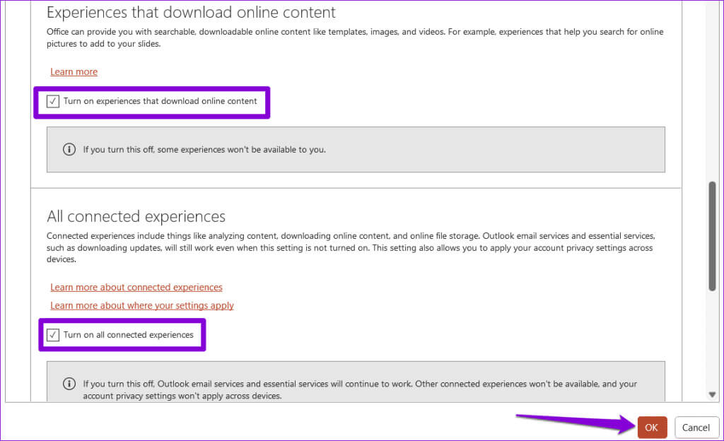 Turn-On-Connected-Experiences-in-PowerPoint-1024x624-1 أفضل 8 إصلاحات لعدم عرض PowerPoint للصور على Windows