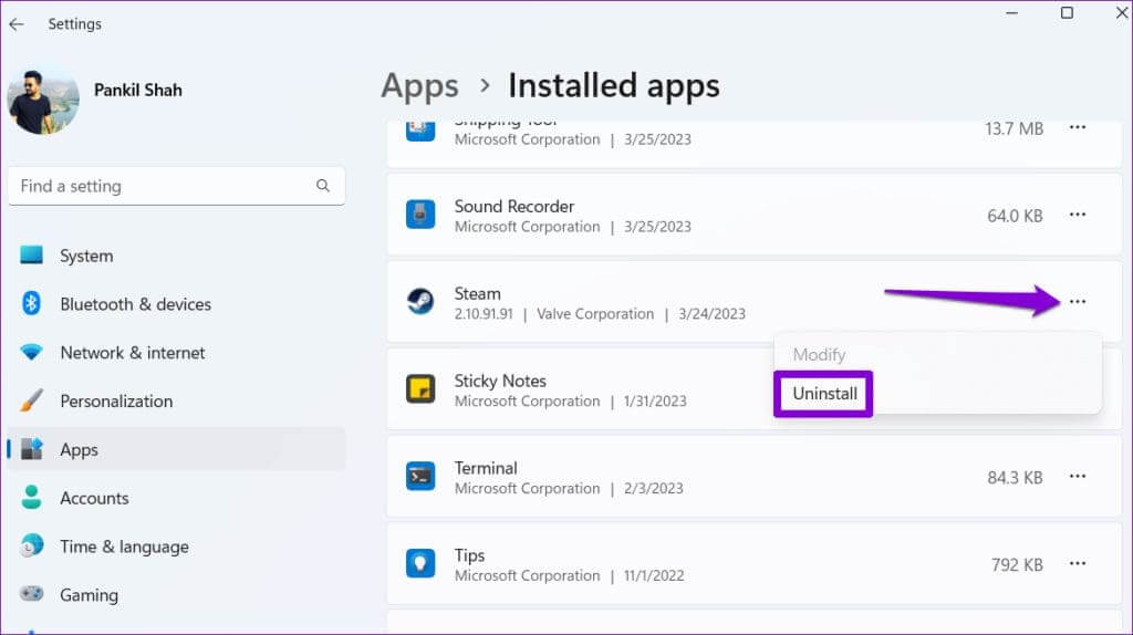 Uninstall-Steam-From-Windows-1024x574-1 أفضل 8 طرق لإصلاح خطأ فشل تحميل صفحة الويب في Steam على Windows