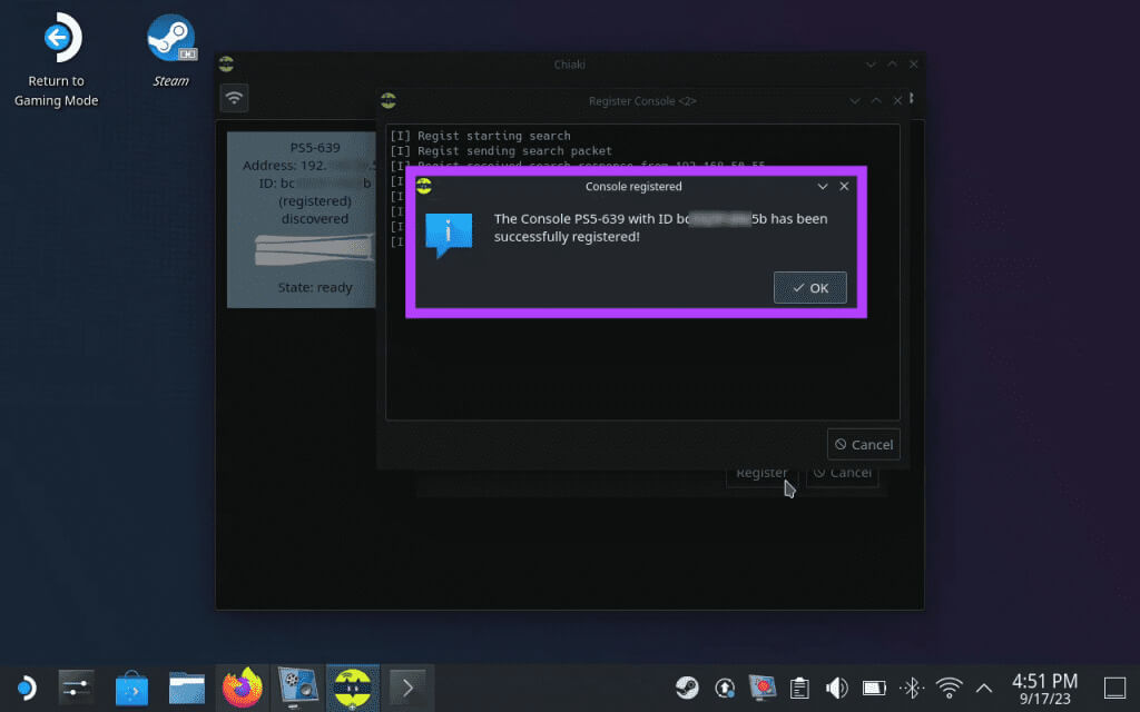 You-should-get-a-pop-up-saying-that-your-PS5-console-has-successfully-been-registered-1024x640-1 اللعب عن بعد في Steam Deck: قم ببث الكمبيوتر الشخصي أو PS5 إلى Steam Deck