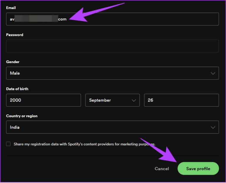 add-the-email-and-thenhit-Save-profile-768x624-1 كيفية تغيير البريد الإلكتروني على Spotify على جهاز الكمبيوتر والهاتف المحمول