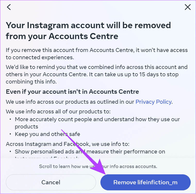 choose-Remove-username-to-remove-the-account كيفية إلغاء ربط Instagram من Facebook