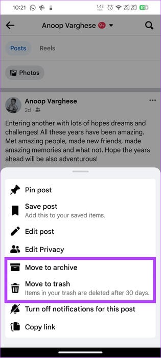 choose-between-move-to-trash-or-archive كيفية إلغاء ربط Instagram من Facebook