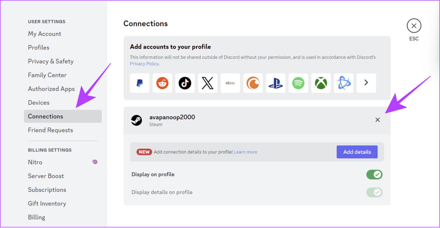 choose-connection-and-click-the-X-mark-next-to-your-Steam-username-1536x796-1 كيفية توصيل Steam بـ Discord وماذا تفعل إذا لم تتمكن من ذلك