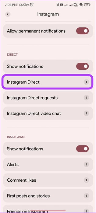 choose-instagram-direct كيفية تغيير صوت الإشعارات على Instagram