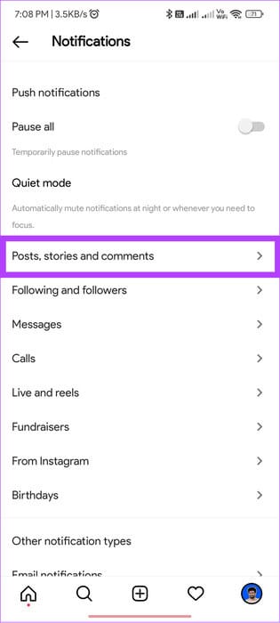 choose-posts-stores-and-comments كيفية تغيير صوت الإشعارات على Instagram