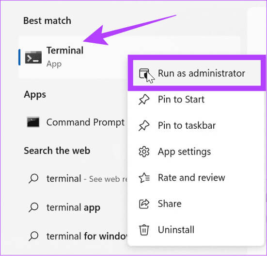 choose-terminal-and-then-select-run-as-administrator كيفية إعادة ضبط إعدادات الشبكة على Windows 11