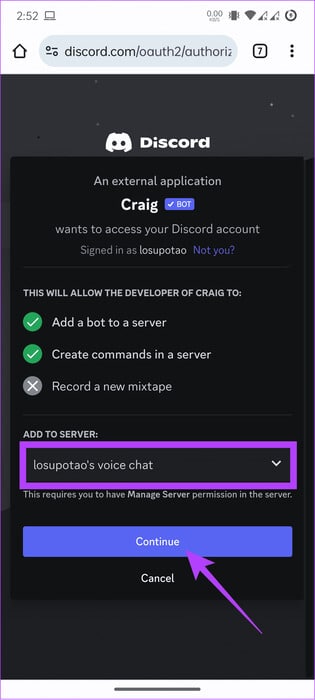 choose-the-server-and-click-continue كيفية تسجيل مكالمات Discord على جهاز الكمبيوتر والهاتف المحمول