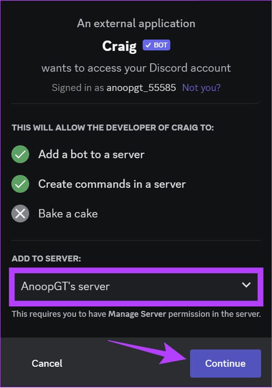 choose-the-server-and-then-hit-Continue كيفية تسجيل مكالمات Discord على جهاز الكمبيوتر والهاتف المحمول