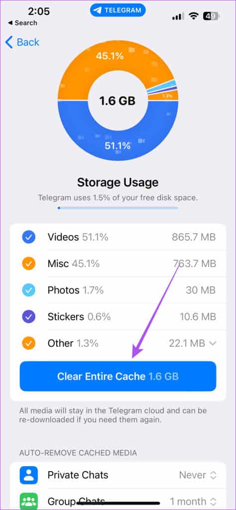 clear-entire-cache-telegram-settings-iphone-474x1024-1 أفضل 5 إصلاحات لعدم عمل Picture-in-Picture في Telegram على iPhone وAndroid