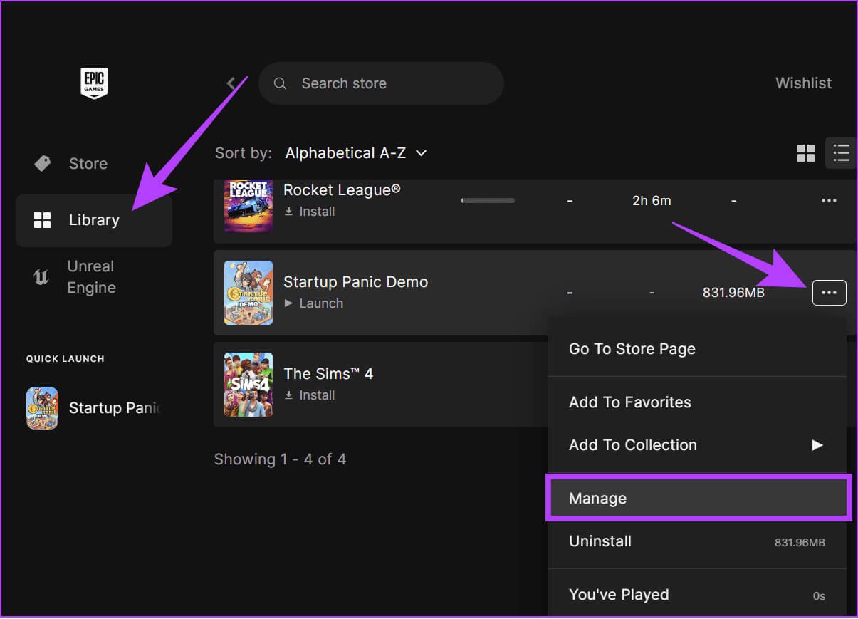 click-library-choose-the-three-dots-next-to-the-game-and-then-choose-Manage كيفية تغيير موقع تثبيت Epic Games على Windows