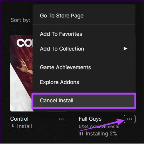 click-the-three-dots-next-to-the-game-and-click-cancel-install كيفية تغيير موقع تثبيت Epic Games على Windows