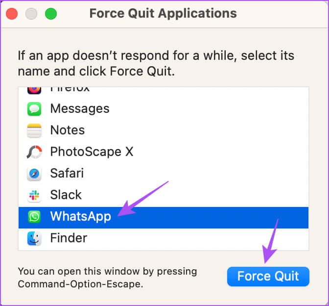 force-quit-whatsapp-desktop-mac أفضل 6 إصلاحات لعدم عمل استطلاعات الرأي في WhatsApp على الهاتف المحمول وسطح المكتب