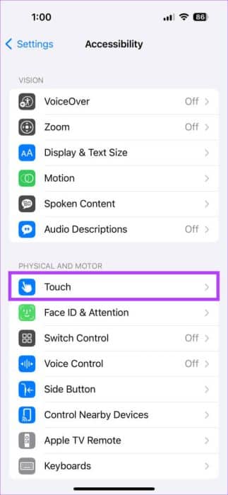 head-to-the-Physical-and-Motor-section-and-then-tap-on-Touch-472x1024-1-e1696957689257 كيفية استعادة 3D Touch على iPhone بنظام iOS 17