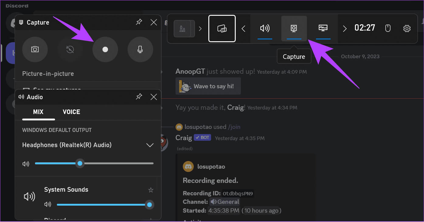 hit-capture-and-choose-the-record-button-at-the-side كيفية تسجيل مكالمات Discord على جهاز الكمبيوتر والهاتف المحمول