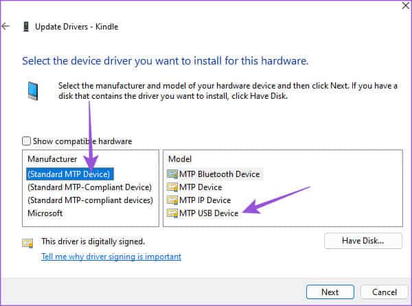 standard-mtp-device-driver-update-kindle أفضل 6 إصلاحات لعدم ظهور Kindle على Windows 11