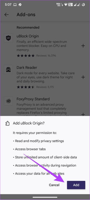 tap-add-to-confirm كيفية إضافة أو إزالة ملحقات Firefox (الإضافات)