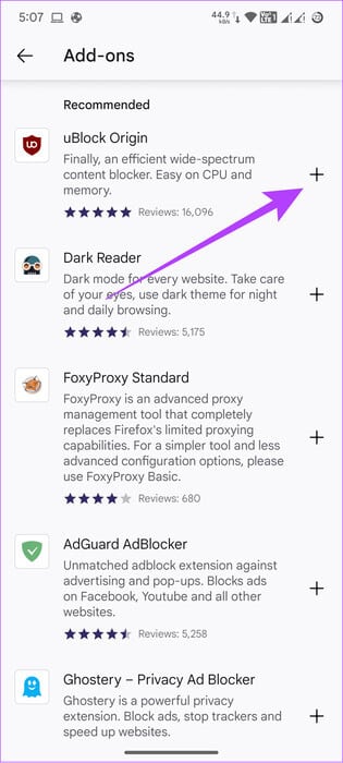 tap-the-plus-icon-next-to-the-extension-you-want-to-add كيفية إضافة أو إزالة ملحقات Firefox (الإضافات)