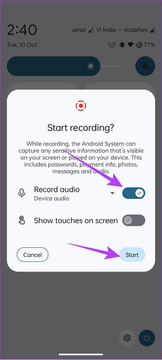 toggle-on-record-audio-and-choose-Start كيفية تسجيل مكالمات Discord على جهاز الكمبيوتر والهاتف المحمول