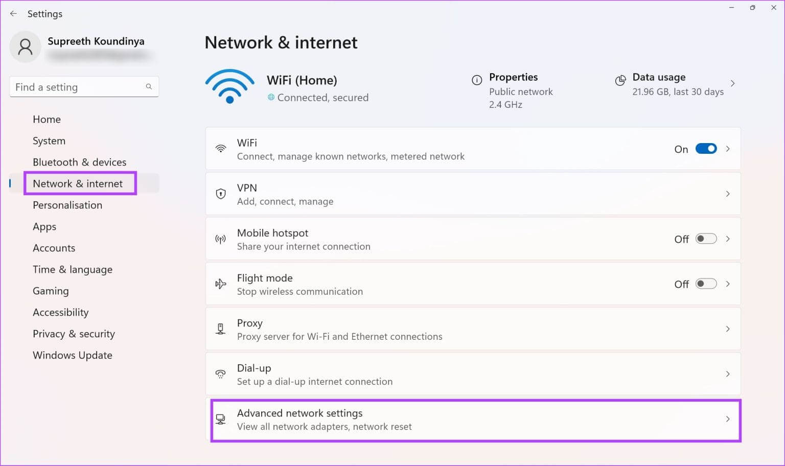 Advanced-Network-Settings-1536x912-1 7 طرق لإصلاح مشكلات برنامج التشغيل أو الأجهزة لمحول Intel Wi-Fi 6 AX201