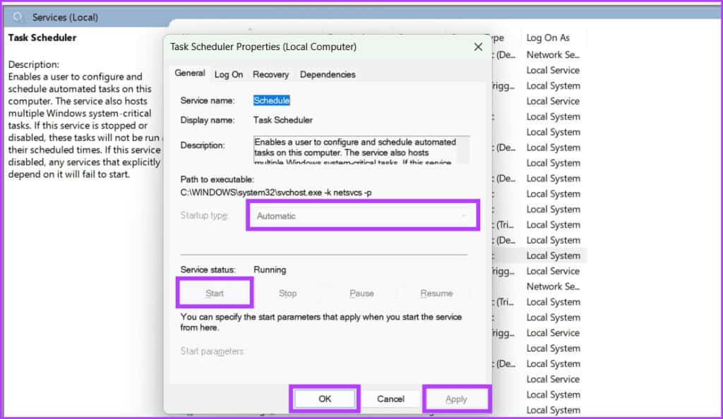 Choose-Automatic-from-the-dropdown-list-click-Start-Followed-by-Apply-and-OK-1024x594-1 11 طريقة لإصلاح عدم عمل برنامج جدولة المهام على Windows