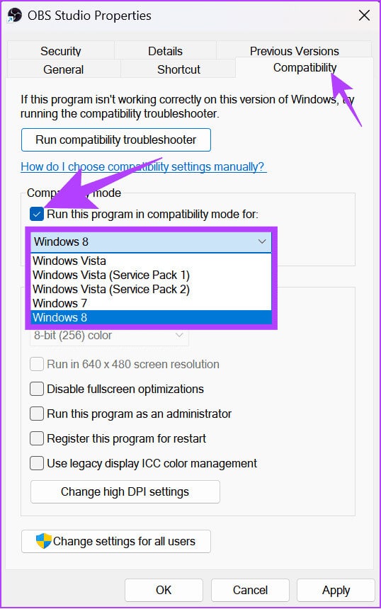 Choose-Compatibility-and-then-select-the-WIndows-version-you-want-to-make-it-compatible 12 طريقة لإصلاح استمرار تعطل OBS على Windows