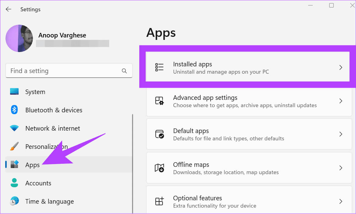 Choose-apps-and-then-select-installed-apps 12 طريقة لإصلاح استمرار تعطل OBS على Windows