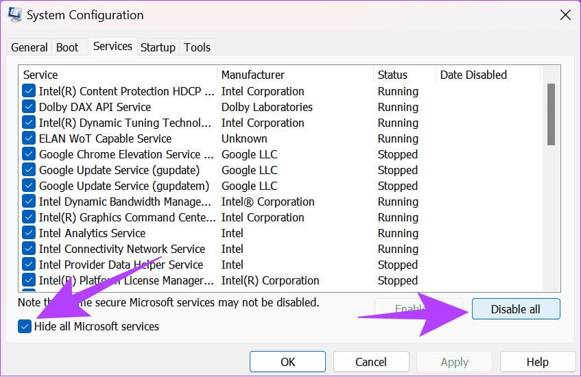 Choose-hide-all-microsoft-services-and-click-Disable-all 12 طريقة لإصلاح استمرار تعطل OBS على Windows