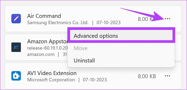 Choose-the-three-dots-next-to-the-app-and-then-select-Advacned-options 12 طريقة لإصلاح استمرار تعطل OBS على Windows