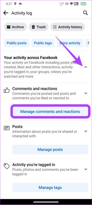 Choose-your-activity-and-select-manage-comments كيفية إزالة الإعجابات على Facebook على جهاز الكمبيوتر والهاتف المحمول