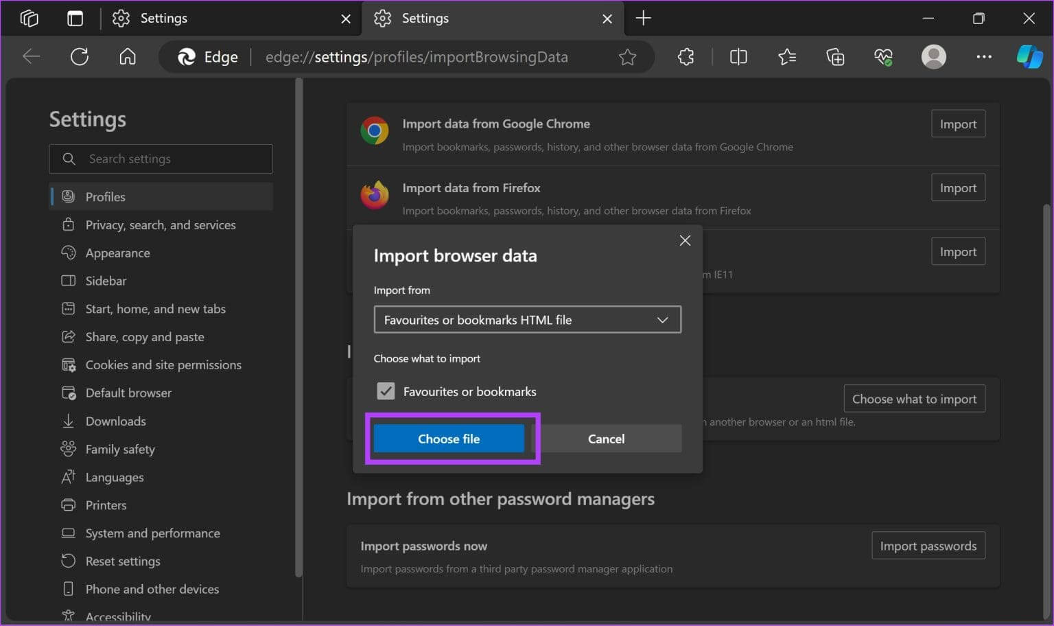 Click-on-Choose-File-1536x912-1 كيفية نقل مفضلات Microsoft Edge أو الإشارات المرجعية على Windows