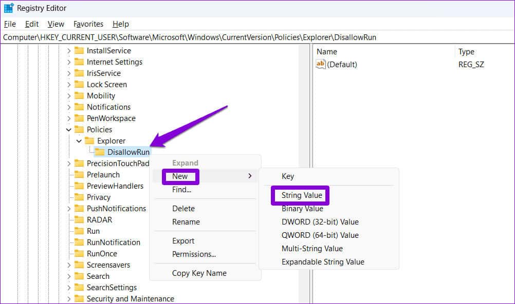 Create-String-Value-in-Registry كيفية منع المستخدمين من تشغيل برامج معينة على Windows 11