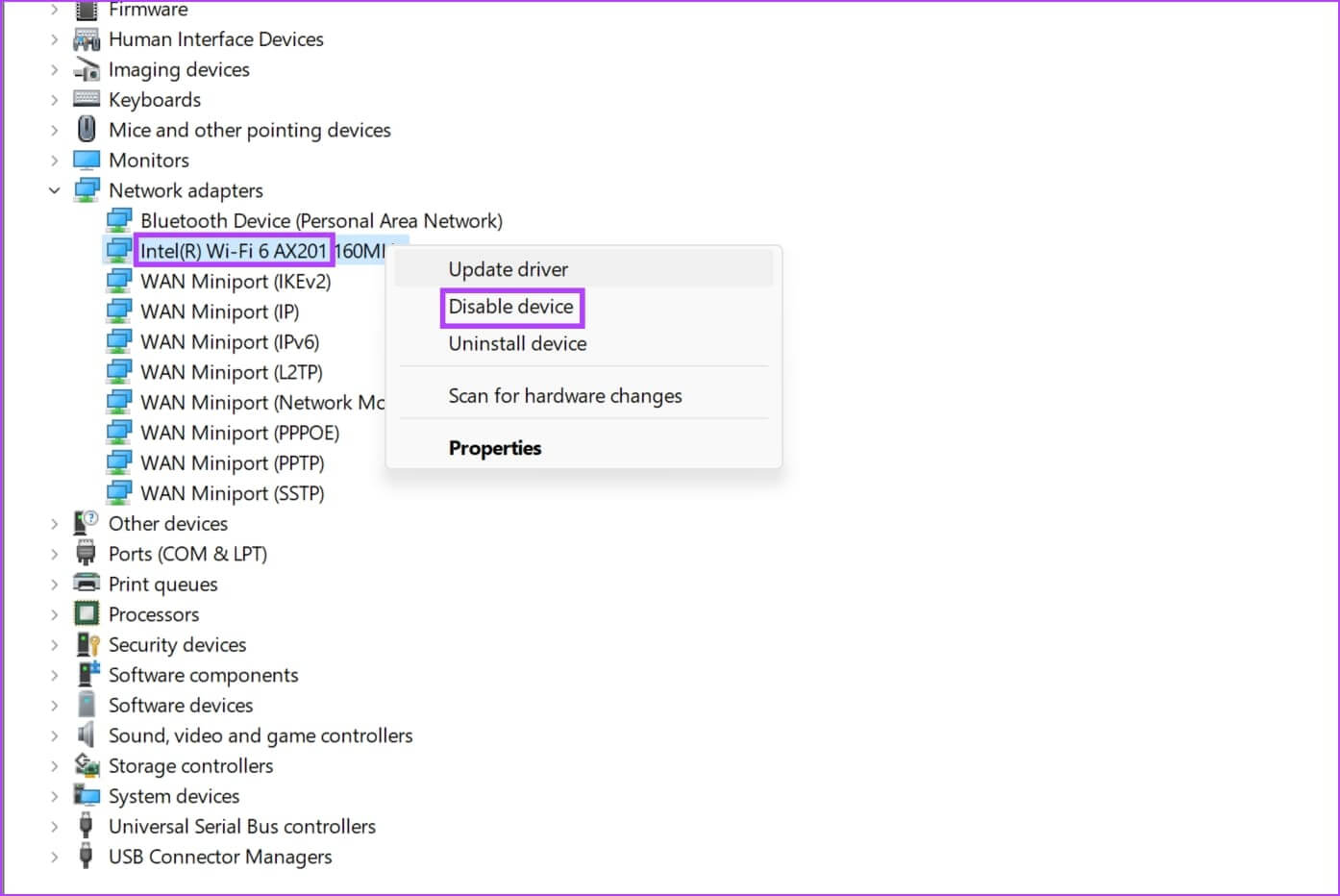 Disable-Device 7 طرق لإصلاح مشكلات برنامج التشغيل أو الأجهزة لمحول Intel Wi-Fi 6 AX201