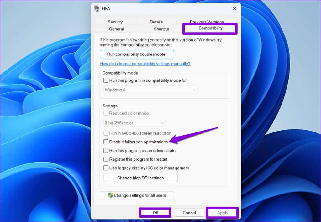 Disable-Fullscreen-Optimization-1024x709-2 أفضل 5 إصلاحات لخطأ توقفت معلومات الوحدة غير الصحيحة عن العمل على Windows