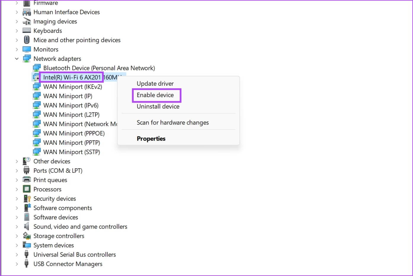 Enable-Device 7 طرق لإصلاح مشكلات برنامج التشغيل أو الأجهزة لمحول Intel Wi-Fi 6 AX201