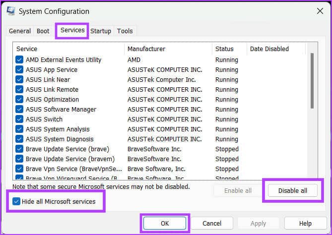 Navigate-to-the-Services-tab-check-the-box-next-to-‘Hide-all-Microsoft-services-and-click-Disable-all-button-followed-by-OK 11 طريقة لإصلاح عدم عمل برنامج جدولة المهام على Windows
