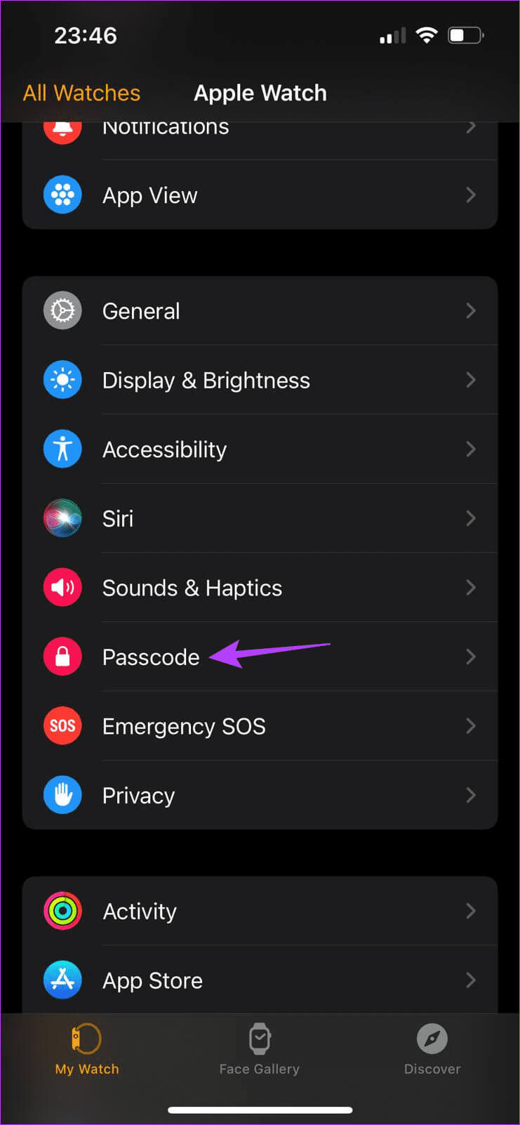 Open-Passcode-settings كيفية تمكين أو تعطيل اكتشاف المعصم على Apple Watch