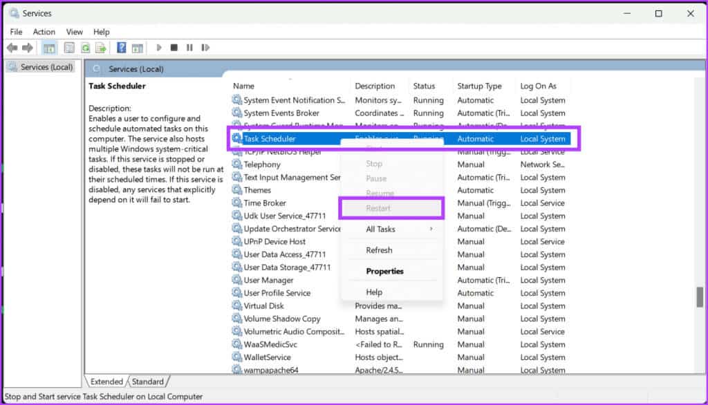 Right-click-on-Task-Scheduler-and-hit-Restart-1024x586-1 11 طريقة لإصلاح عدم عمل برنامج جدولة المهام على Windows
