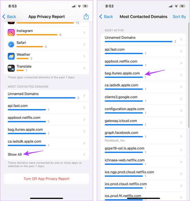 See-Most-Contacted-Domains-data ما هو تقرير خصوصية التطبيقات على iPhone وكيفية استخدامه