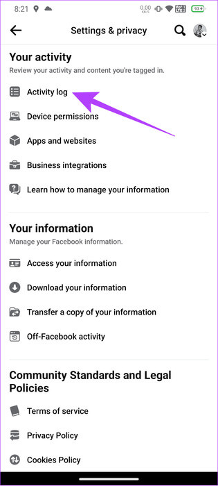 Select-Activity-log كيفية إزالة الإعجابات على Facebook على جهاز الكمبيوتر والهاتف المحمول