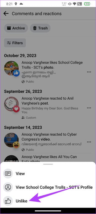 Select-Unlike-to-confirm كيفية إزالة الإعجابات على Facebook على جهاز الكمبيوتر والهاتف المحمول
