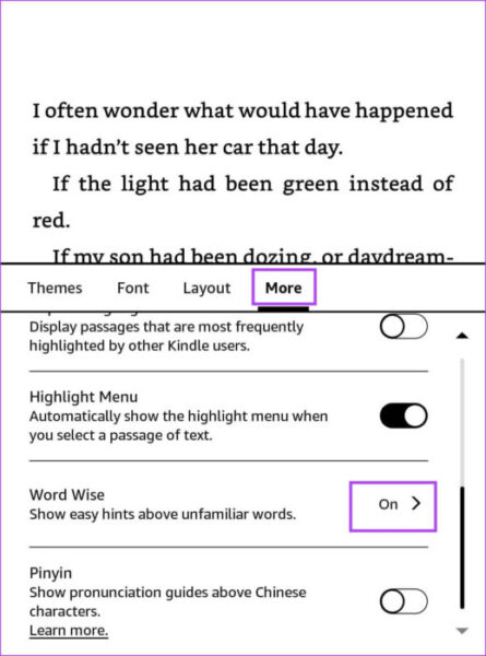 Tap-on-More-and-Word-Wise-e1701554633140 كيفية تعطيل Word Wise على قارئ Kindle