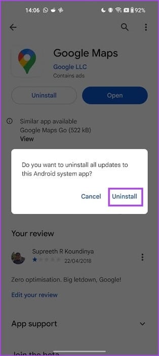 Tap-on-Uninstall-to-Confirm كيفية إصلاح مشكلة عدم تدوير Google Maps تلقائيًا على iPhone وAndroid