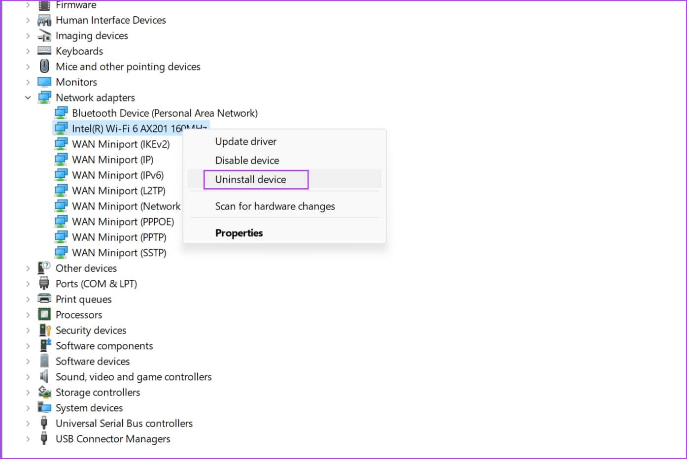 Uninstall-Network-Device 7 طرق لإصلاح مشكلات برنامج التشغيل أو الأجهزة لمحول Intel Wi-Fi 6 AX201
