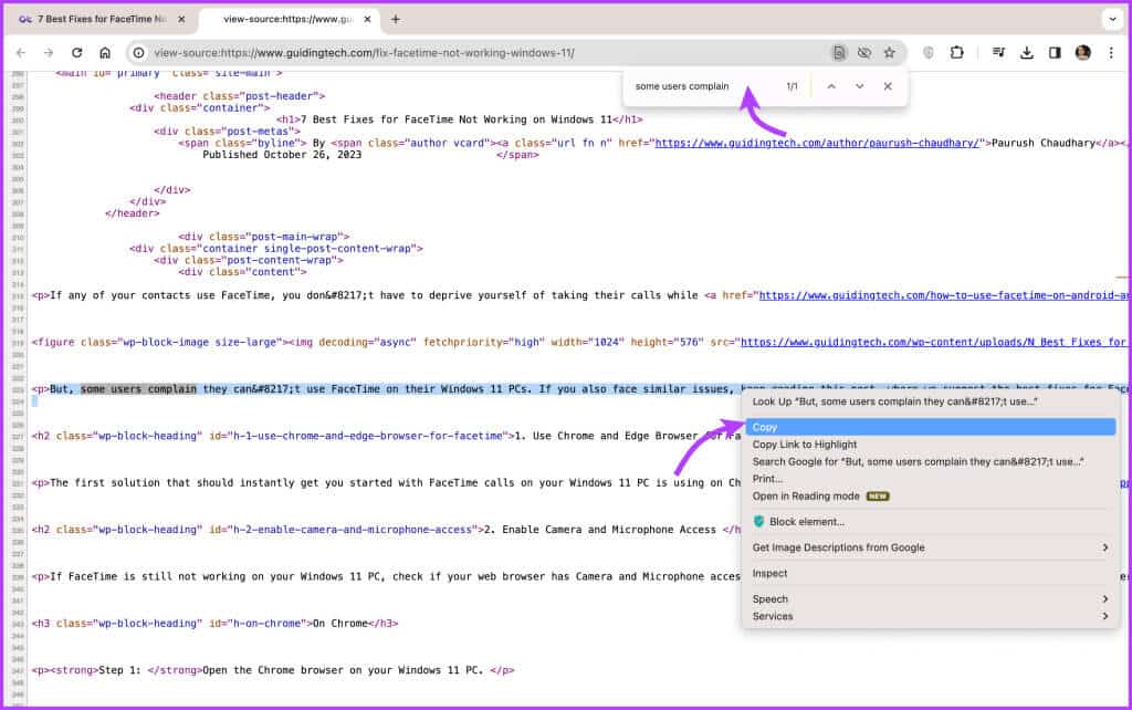 Use-Source-code-to-copy-text-from-Chrome-1024x642-1 8 طرق لإصلاح عدم عمل النسخ واللصق في Chrome على Mac أو Windows