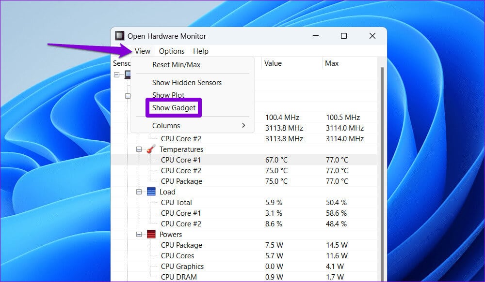 View-Menu-in-Open-Hardware-Monitor-App كيفية عرض درجة حرارة وحدة المعالجة المركزية على Windows