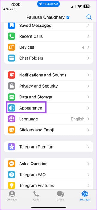 appearance-settings-telegram-iphone-473x1024-1 كيفية استخدام تفاعلات الرسائل في Telegram على الهاتف المحمول وسطح المكتب