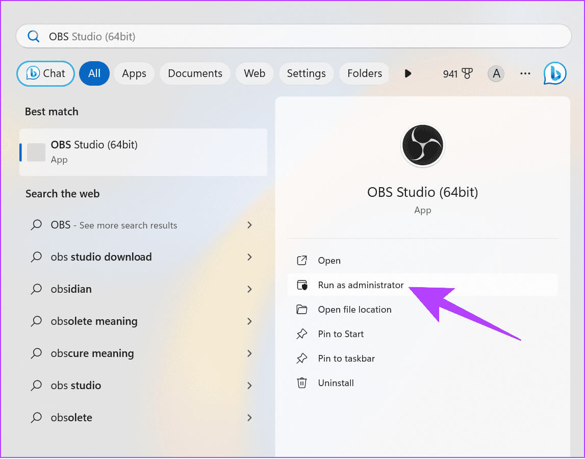 choose-Run-as-Administrator-1 12 طريقة لإصلاح استمرار تعطل OBS على Windows