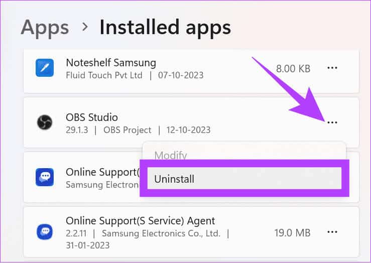 click-the-three-dots-next-to-OBS-and-select-Uninstall 12 طريقة لإصلاح استمرار تعطل OBS على Windows